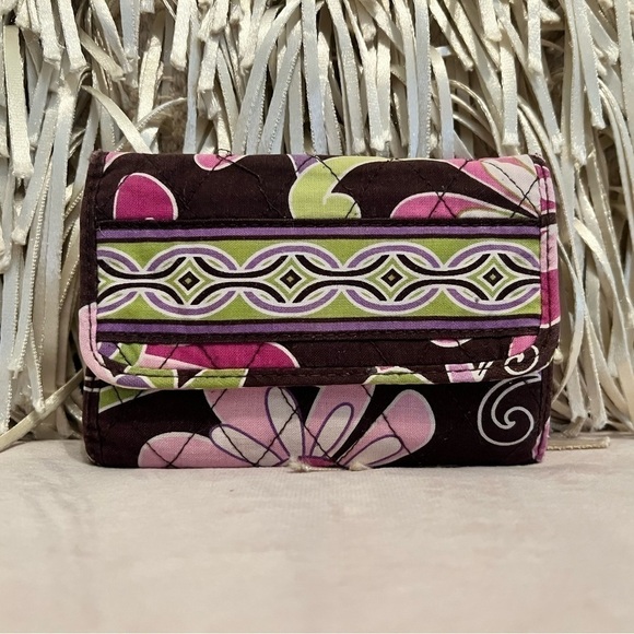 VERA BRADLEY Purple Punch Trifold Euro Wallet Floral Pink Green Brown - Picture 1 of 13